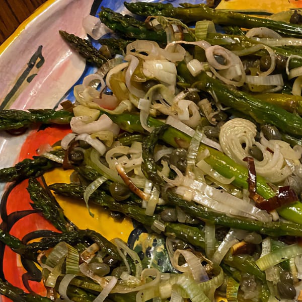 Roasted Asparagus with Crispy Leeks and Capers