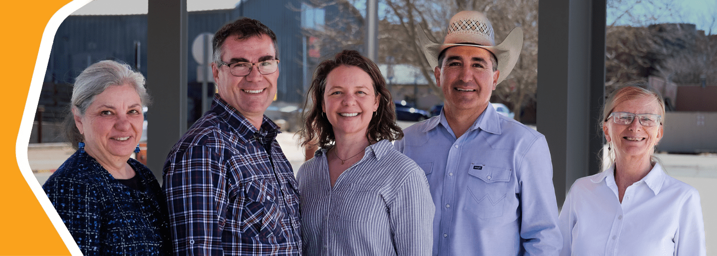 Fulltime Santa Fe Farmers Market Institute Staff Members; Development and Communications Director Janice L. Mayer, CFRE; Program Development Director David Sundberg, Operations Director Syri Mongiello; Executive Manny Encinias, Ph.D; Market Programs Manager Anna Griswold. Photo: Lisa Cantor Photography