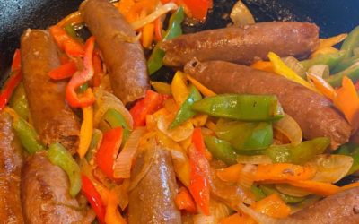 Beef Italian Sausages with Bell Peppers, Onions, and Garlic