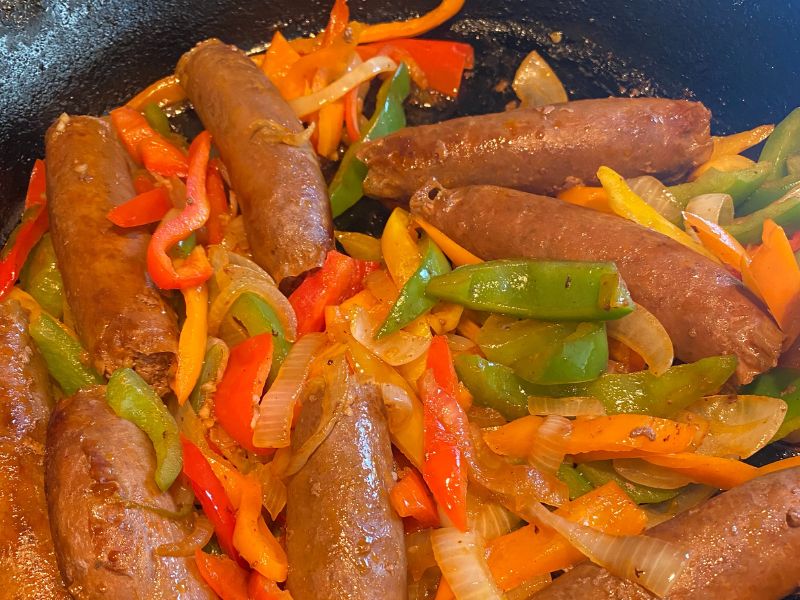 Beef Italian Sausages with Bell Peppers, Onions, and Garlic