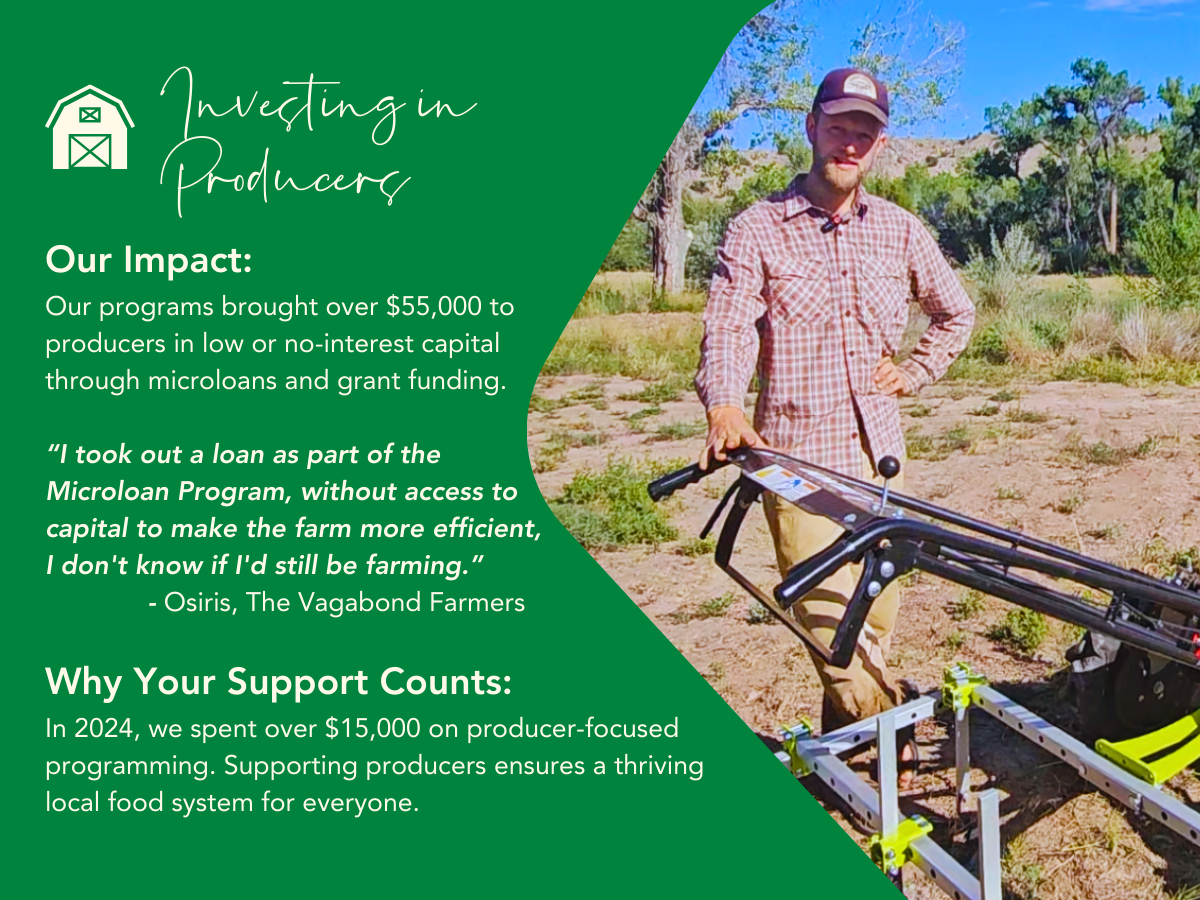 Investing in Producers. Our programs brought over $55,000 to producers in low or no-interest capital through microloans and grant funding. In 2024, we spent over $15,000 on producer-focused programming. Supporting producers ensures a thriving local food system for everyone.