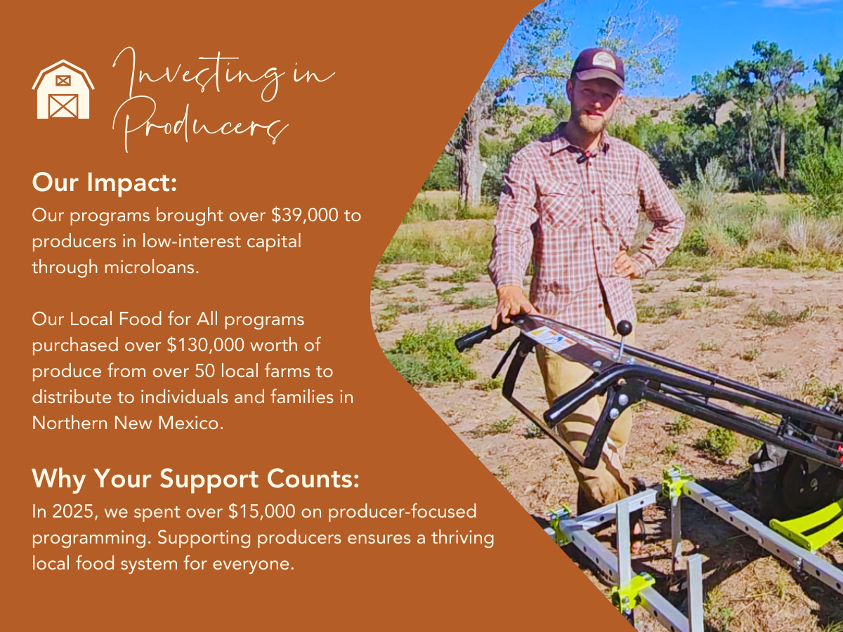 Local Food For All. In just three months, the Tianguis has brought over 3,000 pounds of fresh, local produce directly to underserved neighborhoods in Santa Fe. We administer over $200,000 in SNAP and Double Up Food Bucks every year. The program costs over $200,000 annually. Approximately 13,980 adults and 4,910 children in Santa Fe experience food insecurity (source: Food Depot). Your donation helps ensure all families have access to fresh, healthy food.