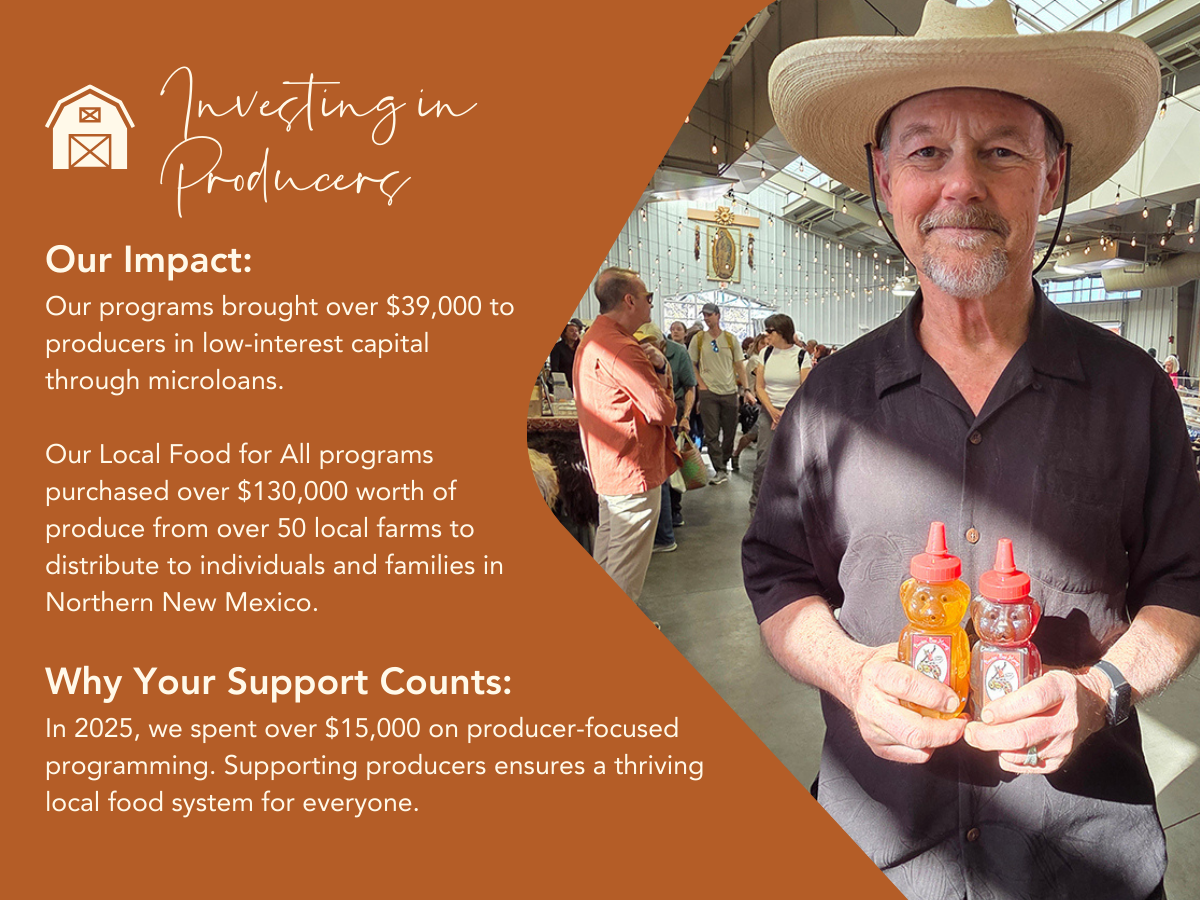 Local Food For All. In just three months, the Tianguis has brought over 3,000 pounds of fresh, local produce directly to underserved neighborhoods in Santa Fe. We administer over $200,000 in SNAP and Double Up Food Bucks every year. The program costs over $200,000 annually. Approximately 13,980 adults and 4,910 children in Santa Fe experience food insecurity (source: Food Depot). Your donation helps ensure all families have access to fresh, healthy food.